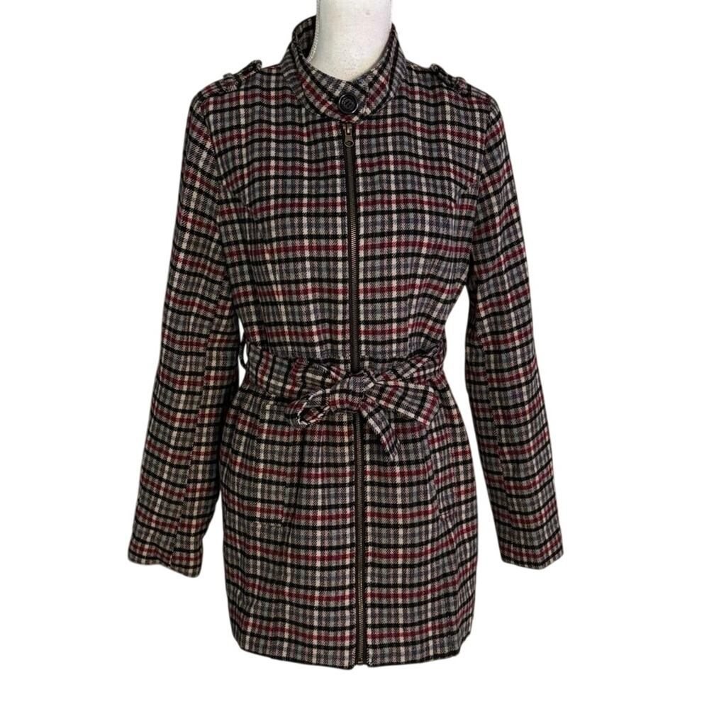 Tulle Size L Plaid Tweed Coat Belted Y2K Pockets Lined